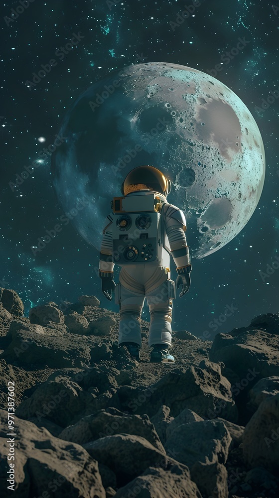 Poster robotic navigating the surface of an alien moon with