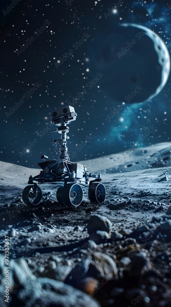 Poster robotic navigating the surface of an alien moon showcasing in space missions