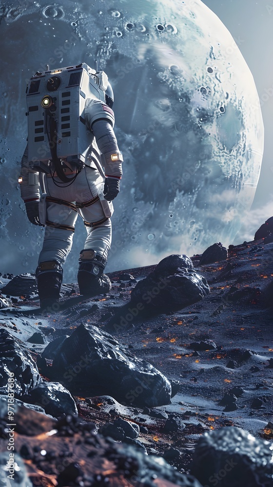 Poster robotic explorer navigating alien moon surface with advanced technology in futuristic space concept