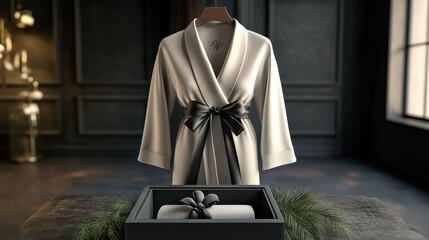 Luxurious monogrammed silk robe in stylish gift box, perfect for special occasions. elegant design features soft fabric and chic ribbon, making it an ideal present