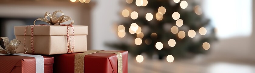 Festive holiday gifts wrapped in red and beige paper with ribbons, placed near a decorated Christmas tree with sparkling lights in the background.