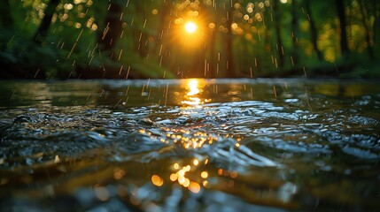 Fototapeta premium A serene forest creek illuminated by golden sunset light reflecting on water droplets as they fall, creating a tranquil and mesmerizing natural scene