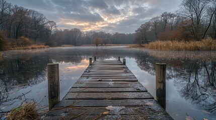 Naklejka premium A serene image of a wooden dock extending into a calm lake surrounded by a quiet forest with a beautiful cloudy sky reflecting in the water at sunrise