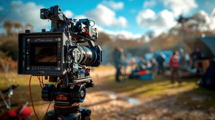 A professional film camera setup capturing a scene, highlighting the crew and actors in an outdoor environment with clear skies and vibrant colors