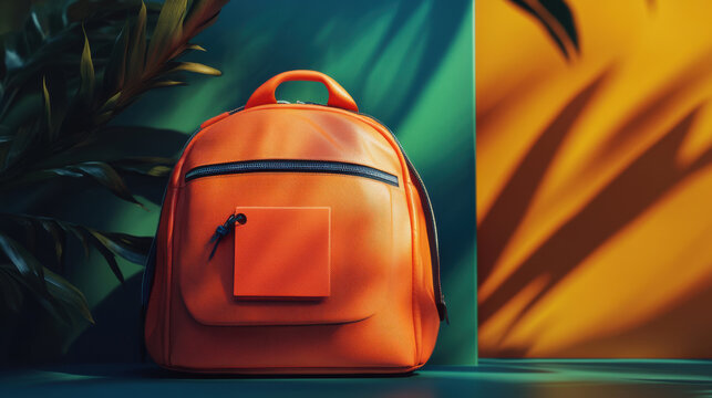 A trendy orange backpack with personalized name tag sits against vibrant green and yellow backdrop, showcasing its stylish design and modern appeal