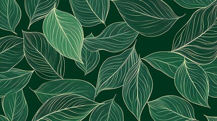 Delicate Green Leaf Line Drawing Seamless Pattern on Forest Green Background in Flat Design