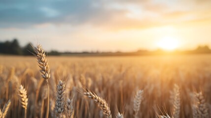 Naklejka premium Golden wheat field at sunset, capturing the serene beauty of nature with a picturesque sunset and endless rows of wheat stalks swaying gently.