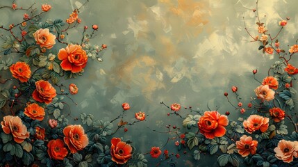 Nostalgic Floral Garden Design, vintage wallpaper featuring intricate flowers in a garden, inspired by Asian art, blending traditional aesthetics with modern style.