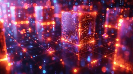 Obraz premium Neon Glare Cubes in a Quantum Grid, a luminous display of future technology with vibrant hues, digital signals, and intricate patterns illuminating a modern data landscape