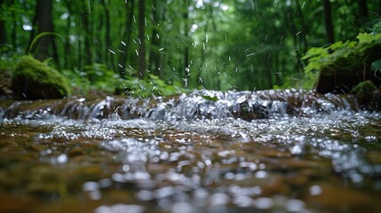 A mesmerizing view of a clear forest stream with water droplets captured in mid-air, depicting the pristine beauty of nature in a lush green woodland