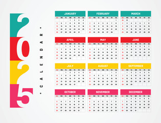 calendar 2025 Creative horizontal calendar 2025 in English Days weeks and months Print vector