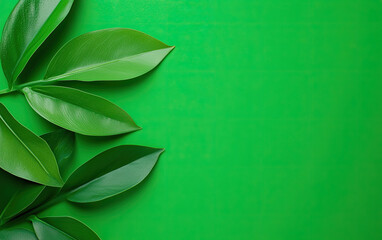 Fototapeta premium Vibrant green leaves on a rich green background, perfect for nature themes, wellness, and eco-friendly concepts.