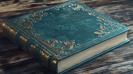 A personalized photo album with an embossed cover, showcasing intricate floral designs, rests on rustic wooden surface. This elegant piece is perfect for preserving cherished memories