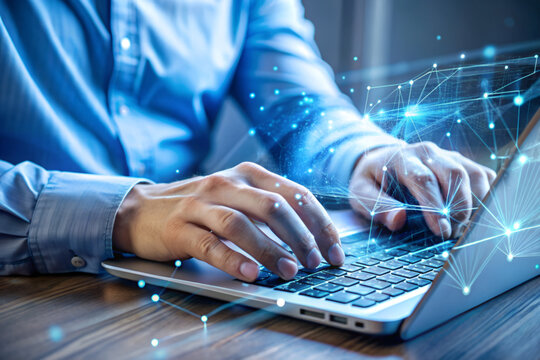 Closeup of hands typing on a keyboard with a futuristic hologram screen. Concept of software development