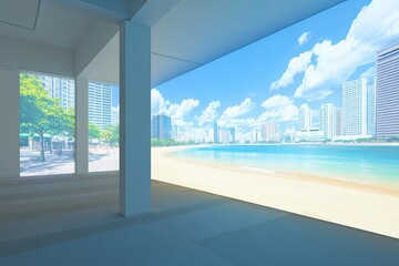 Fototapeta premium A bright, modern interior featuring large screens displaying a beach and cityscape.