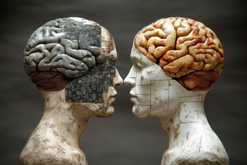 Interface cyberbrain cognitive robotics biological interface and digital consciousness two human figures with exposed brains facing each other representing cognitive connectivity