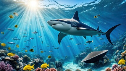 Fototapeta premium Underwater scene featuring a shark, rays, and colorful fish among vibrant coral reefs.