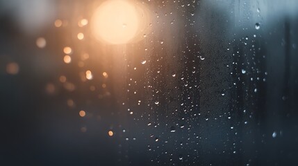 Raindrops on a foggy window with warm sunlight in the background creating an atmospheric and serene scene.