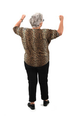 back view of a senior woman showing his biceps on white background