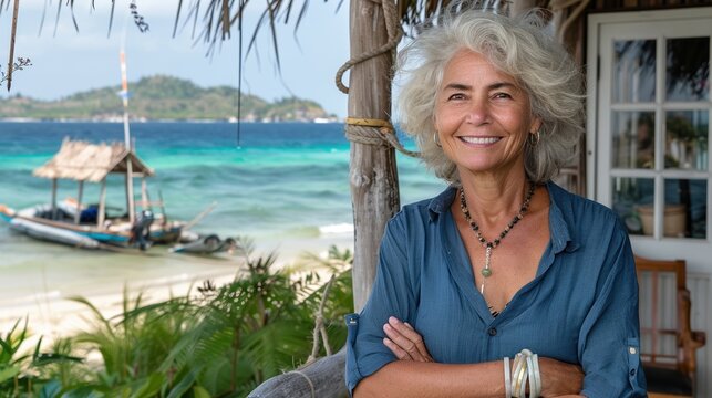 A smiling silver-haired woman standing on the porch of a beachside hut with a picturesque tropical island and turquoise ocean in the background - Powered by Adobe