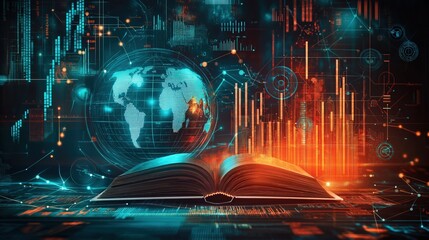 Business illustration concept, analytical elements and line charts, data points and financial graphs. Open book symbolizing knowledge and learning and globe