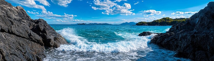 Fototapeta premium Serene black and white seascape with crashing waves, line art, empty coloring book page, high-quality, nature, tranquility::1 foaming surf, rocky cliffs, serene ambiance, coastal beauty