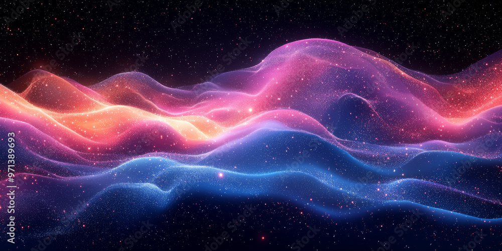 Poster Abstract waves of light and color in a cosmic setting.