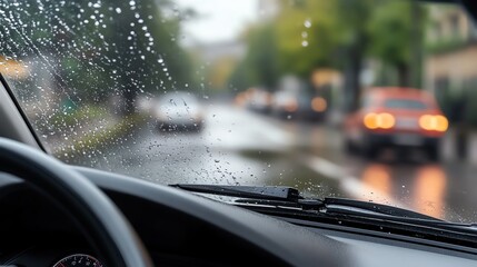 View through a car windshield on a rainy day, showing blurred street and cars, with raindrops in focus on the glass.