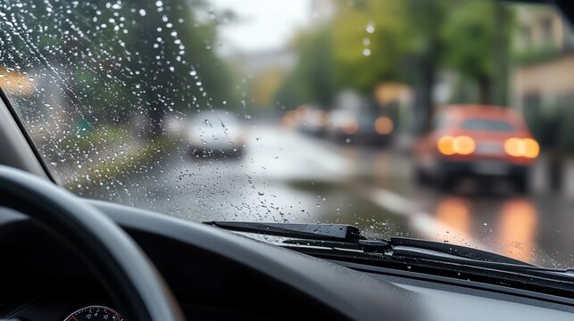View through a car windshield on a rainy day, showing blurred street and cars, with raindrops in focus on the glass.