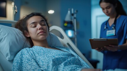 A woman is lying in a hospital bed with a nurse standing next to her. 