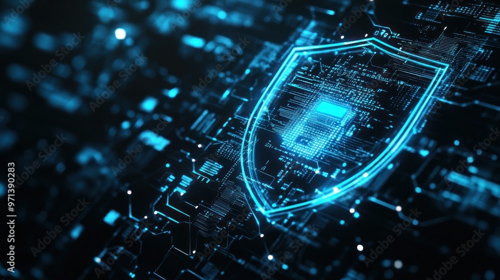 Poster digital shield symbolizing internet security and data protection with glowing blue technology elemen