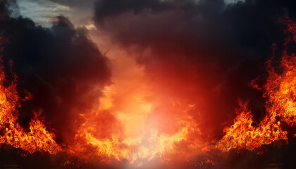 Red abstRed abstract fire background dramatic sky with clouds. Fire, war, explosion, catastrophe, flame. Horror concept.Vivid and hot hell abstract or blazing fire wallpaper.AI Generative