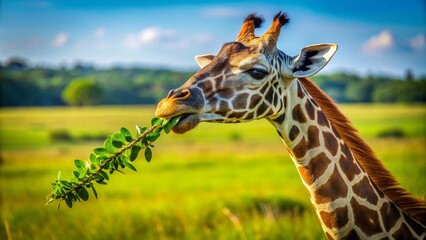 Obraz premium A close-up of a giraffe enjoying a leafy snack in a vibrant green landscape under a bright blue sky.