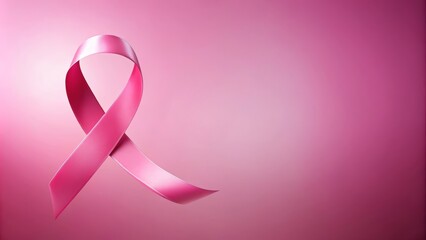 A pink awareness ribbon on a soft pink background, symbolizing the fight against breast cancer and promoting hope and support.