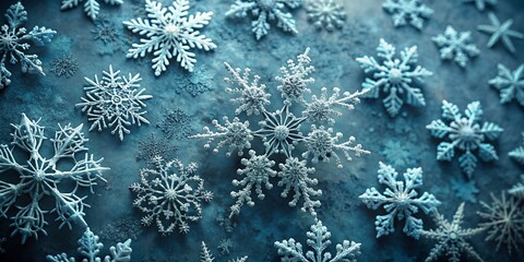 A stunning close-up of intricate snowflakes on a cool blue background, showcasing nature's delicate winter beauty and uniqueness.