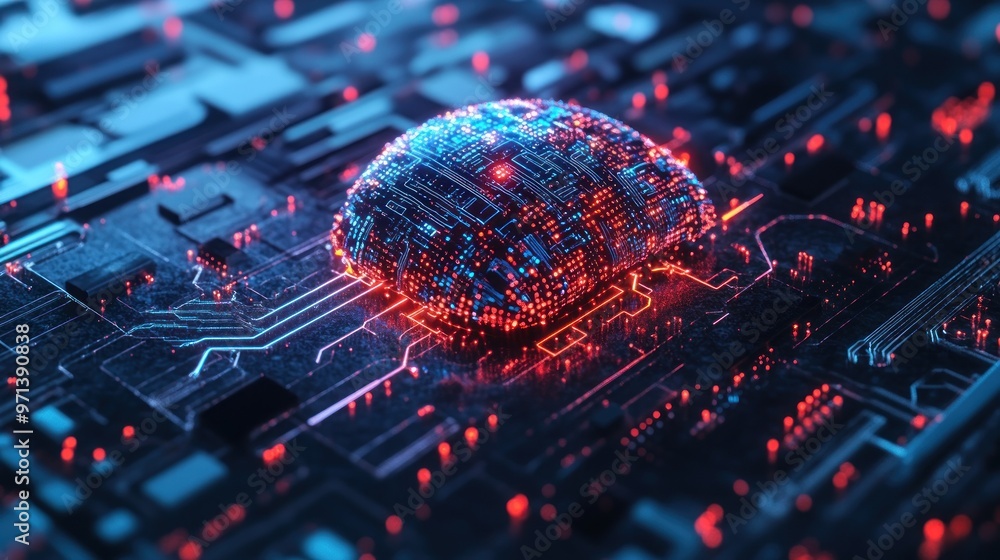 Poster a bright and glowing brain model sits on a circuit board, showcasing technological innovations and a