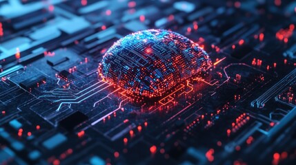 A bright and glowing brain model sits on a circuit board, showcasing technological innovations and artificial intelligence concepts.