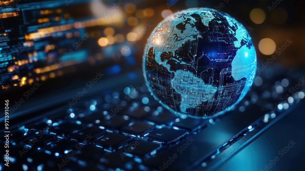 Poster globe with digital circuit patterns floating above an open laptop keyboard, symbol of global connect