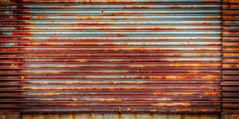 Background of horizontal rusted galvanized iron plate with red stain on old metal shutters, corrugated metal slide door, metallic roller shutter texture abstract stripe pattern of