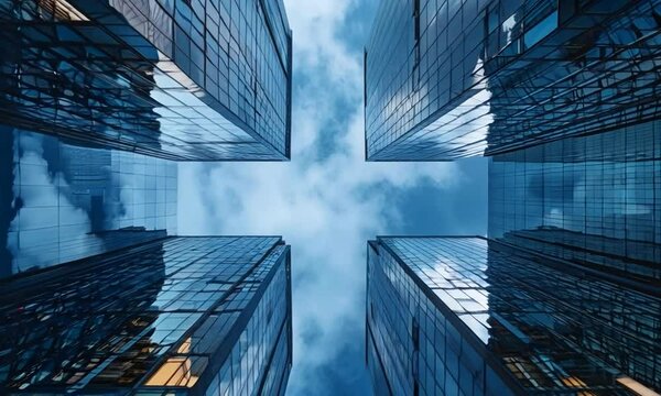 A city skyline with four tall buildings and a cloudy sky
