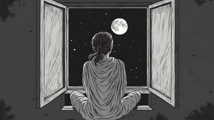 Tranquil Night Knitting - Minimalist Black and White Illustration of Woman Knitting a Scarf at Window Watching Moonrise in Charcoal Gray Background.