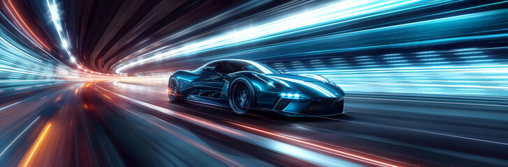A blue electric sports car drives at night through a road tunnel with light strips and digital neon elements. Technology concept of fast moving supercar. 3d illustration