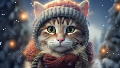 cat with winter hat and scarf prepares for winter