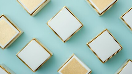 Jewelry boxes with gold embossing, arranged in a geometric pattern, luxury aesthetic, soft shadows, top view