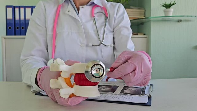 Doctor examines a spinal model with a stethoscope in a clinical setting during a patient consultation