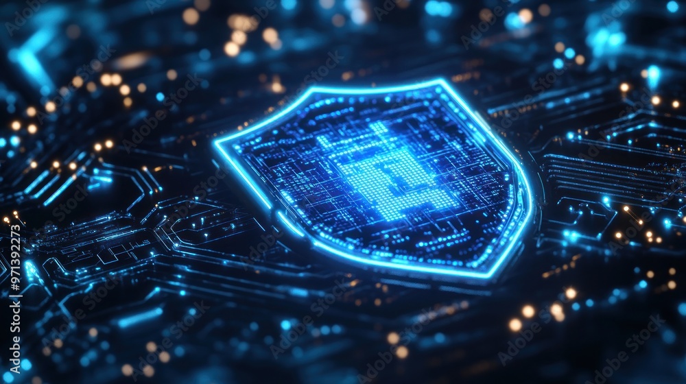 Poster digital shield symbolizing internet security and data protection with glowing blue technology elemen