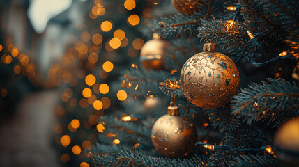 Glittering gold Christmas ornaments hanging on a festive holiday tree