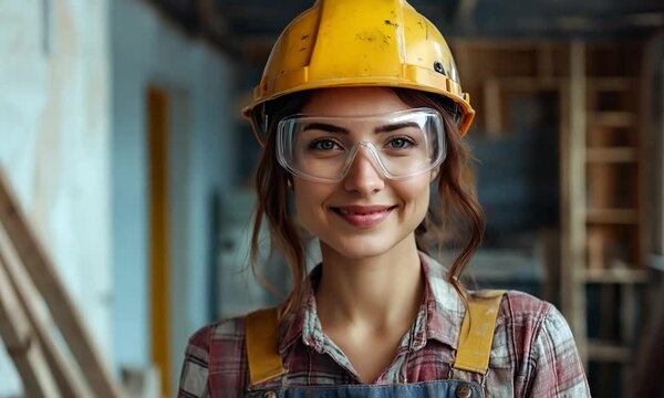 A woman wearing a yellow hard hat and safety glasses