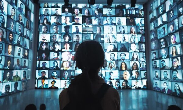 A woman is looking at a large screen with many faces on it