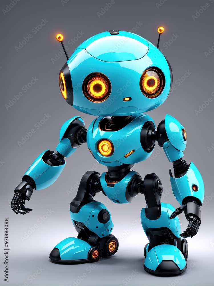 Poster a futuristic blue robot with glowing features, designed for interaction and assistance.